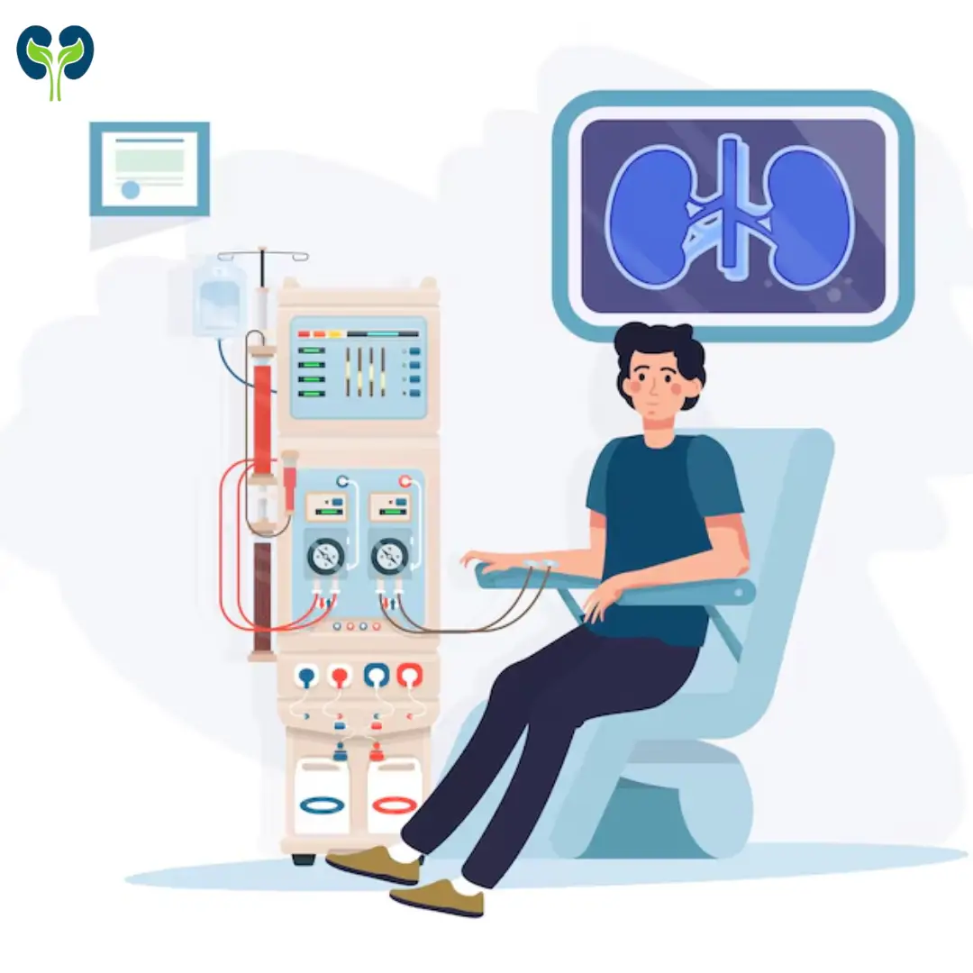 Hemodialysis procedure in progress with patient connected to dialysis machine and supervised by a medical professional.